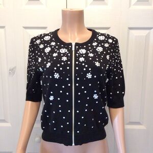 MICHAEL Michael Kors Womens Black Beaded Sequin Half  Sleeve Cardigan Size PL